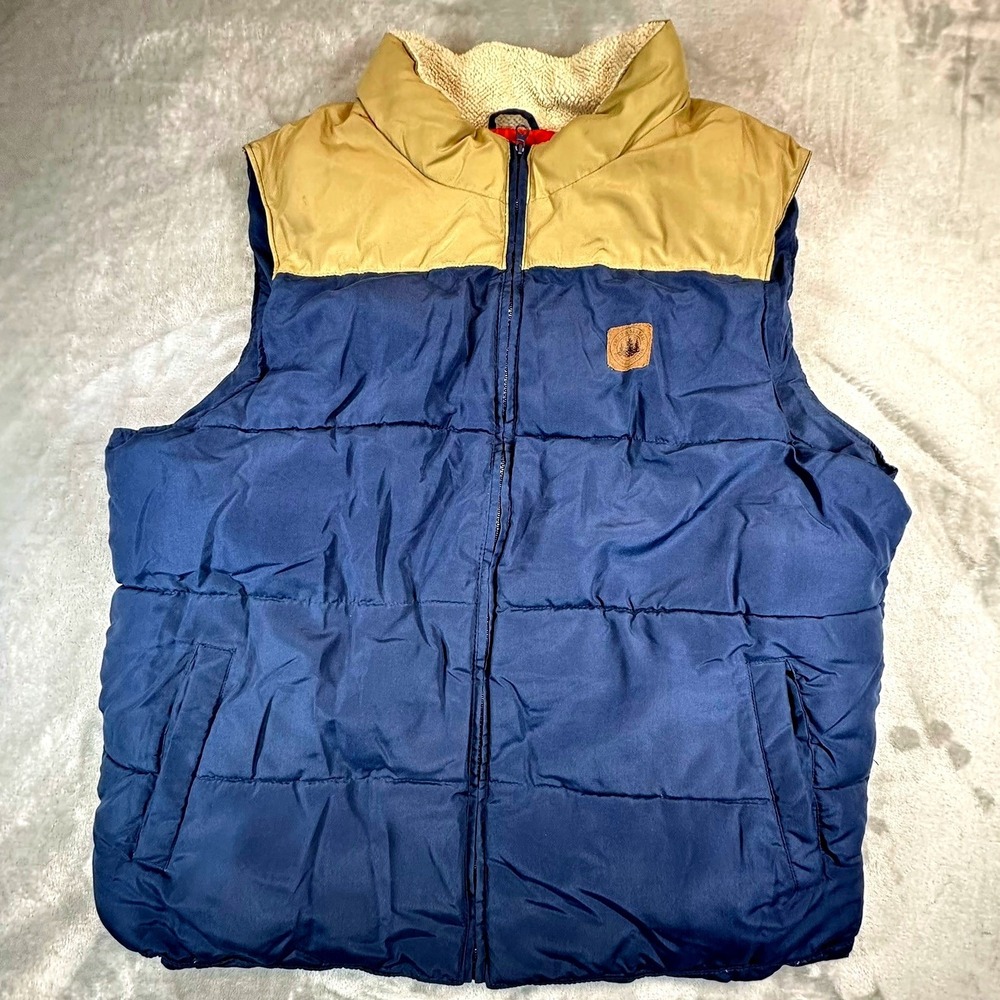 Field & Stream 1871 Men's XL Quilted Puffer Vest‎ Navy Tan Sherpa Lined Collar
